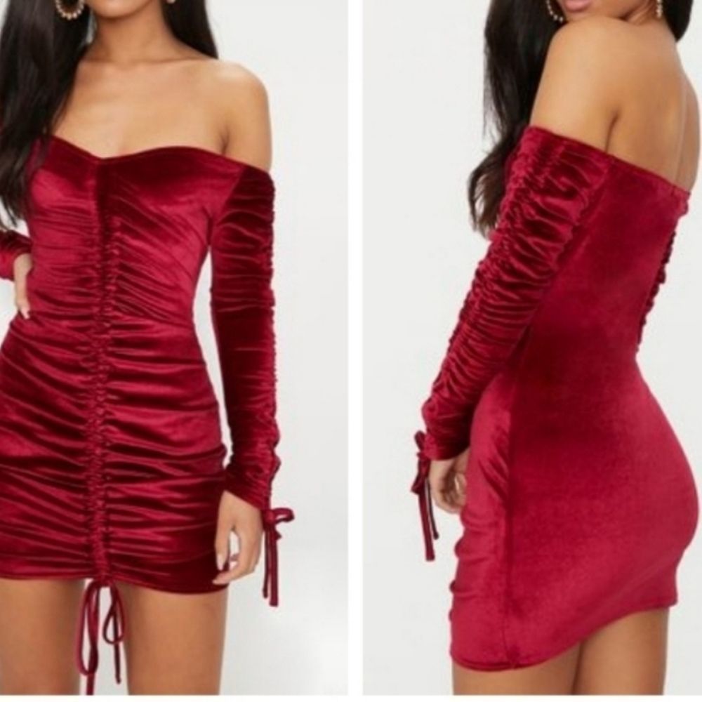 Pretty Little Thing Burgundy Velvet Ruched Dress